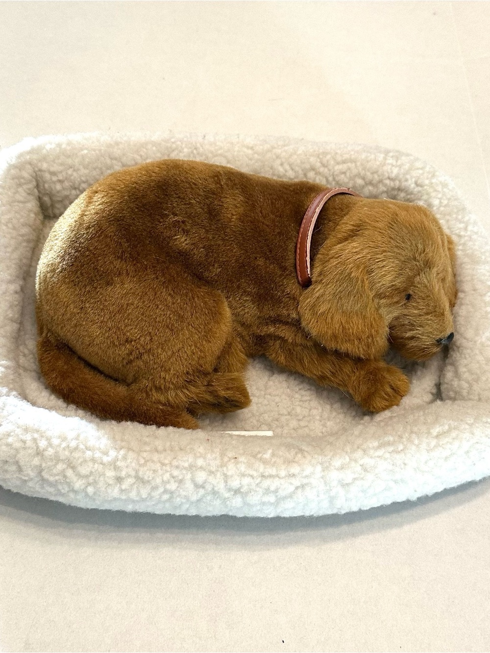 Brown Dachshund Breathing Sleeping Lifelike Plush Puppy with Pink Collar and Bed